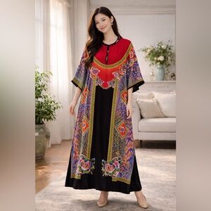 Vibrant Kraton Mas Indonesian kaftan Maxi Dress Resort Wear Boho Tropical, OS